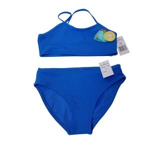 Breaking Waves Girls Blue Ribbed 2-Piece Bikini Swimsuit UPF 50+ Sz 12 / #26301